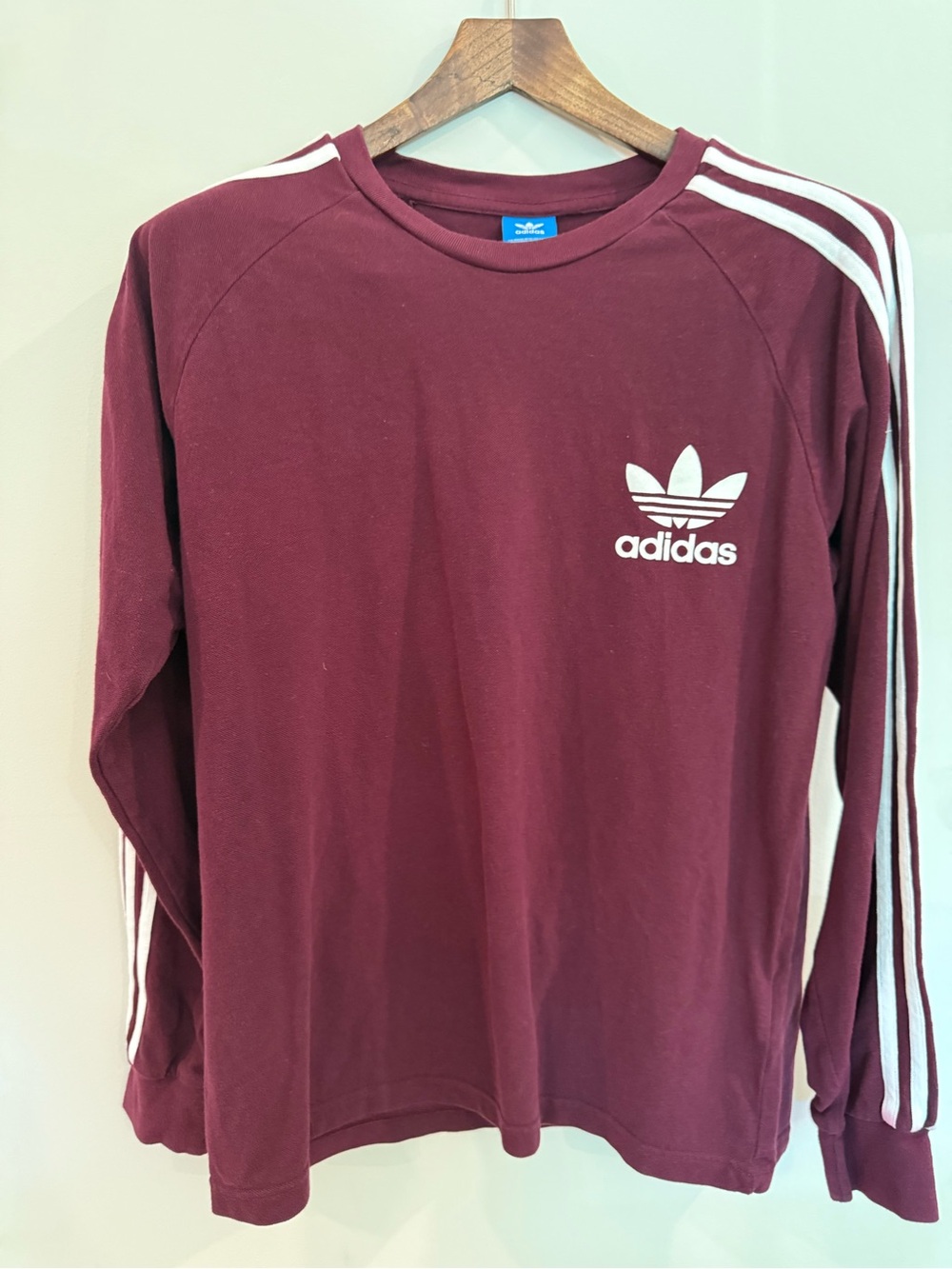 adidas Originals Burgundy Trefoil 3-Stripe Long Sleeve Tee | Men’s Small - Picture 3 of 7